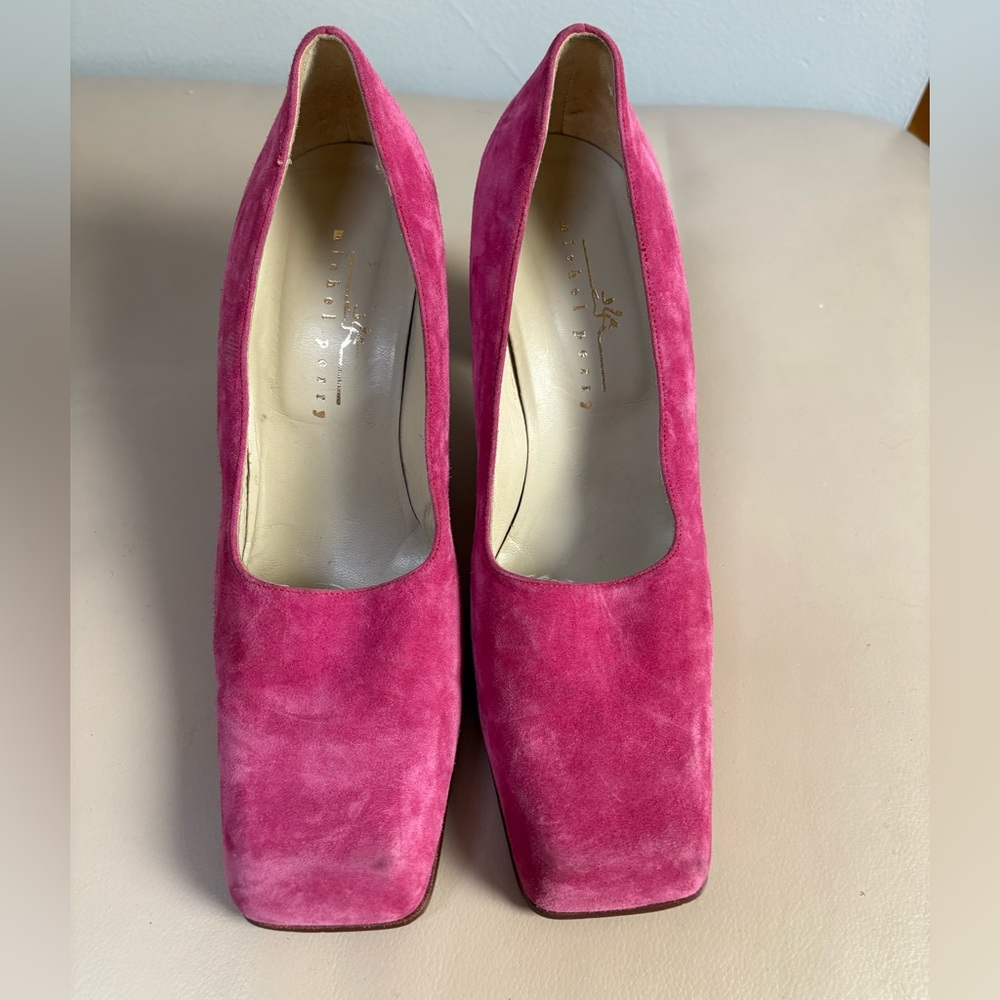 Michel Perry Pink Suede Pumps with Orange Heels